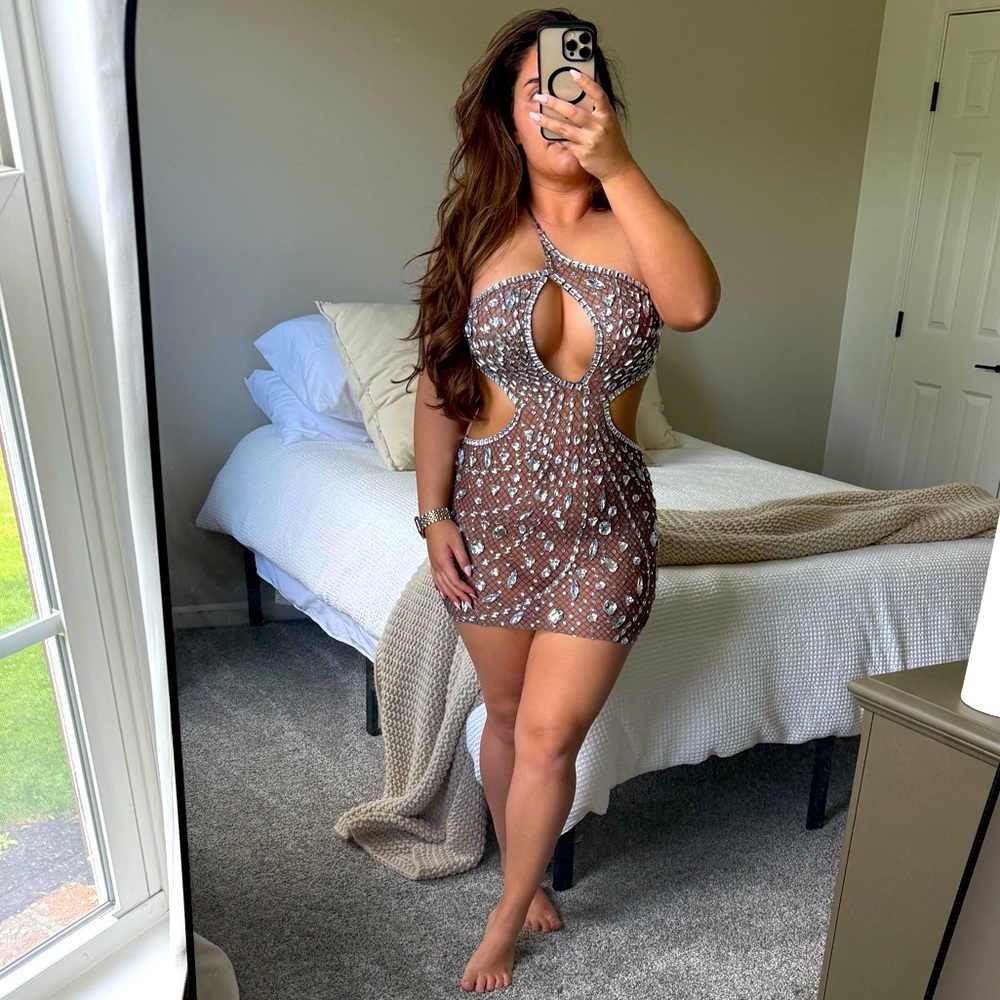 Backless Rhinestone Mesh Mini Dress